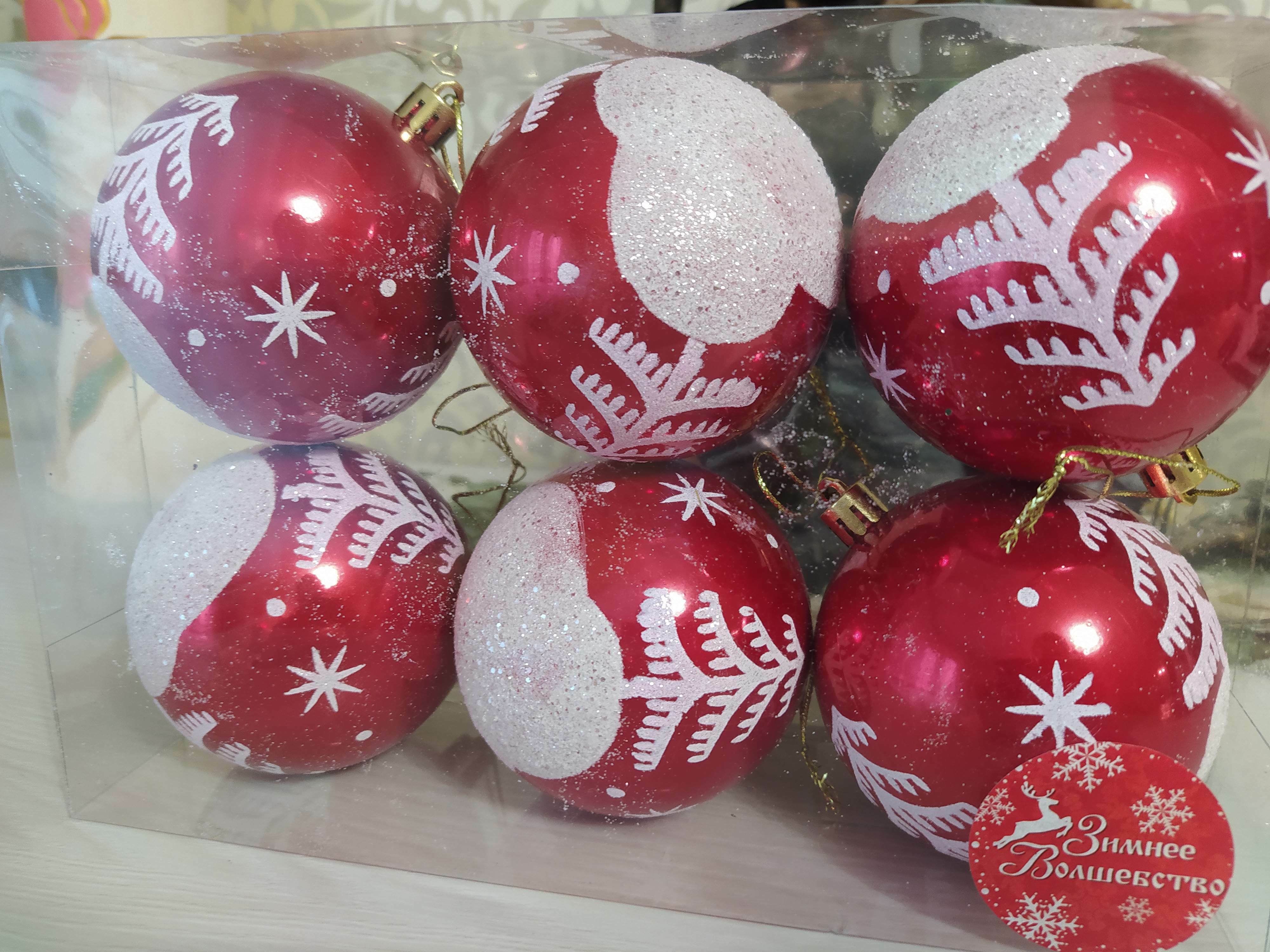 Фотография покупателя товара Набор шаров пластик d-8 см, 6 шт "Ёлочка в снегу" красный