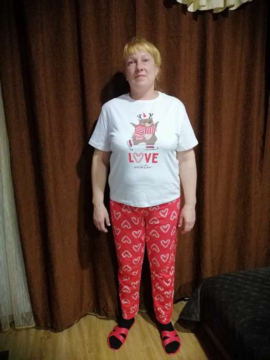 Фотография покупателя товара Пижама новогодняя женская (футболка и брюки) KAFTAN "Love", цвет белый/красный, размер 52-54 - Фото 1