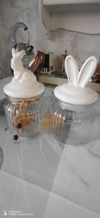 Фотография покупателя товара Банка для сыпучих Доляна «Зайка в золотом», 950 мл, с керамической крышкой, стекло, прозрачная - Фото 3