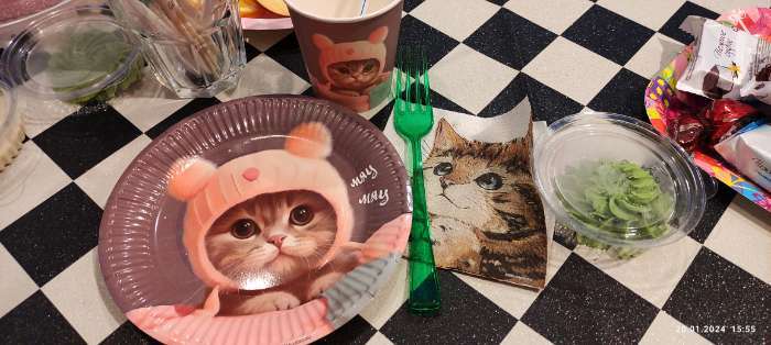 Фотография покупателя товара Салфетки бумажные однослойные «Котёнок», набор 100 штук, 24 × 24 см - Фото 5