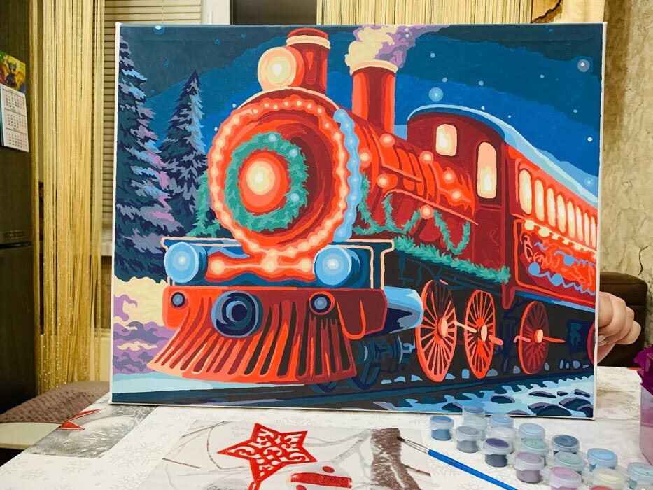 Фотография покупателя товара Новогодняя картина по номерам на холсте с подрамником «Новый год! Волшебный поезд», 40 х 50 см - Фото 5
