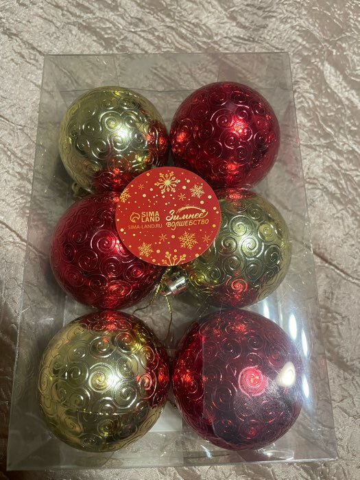 Фотография покупателя товара Набор шаров пластик d-6 см, 6 шт "Ажурный блеск" красно-золотой