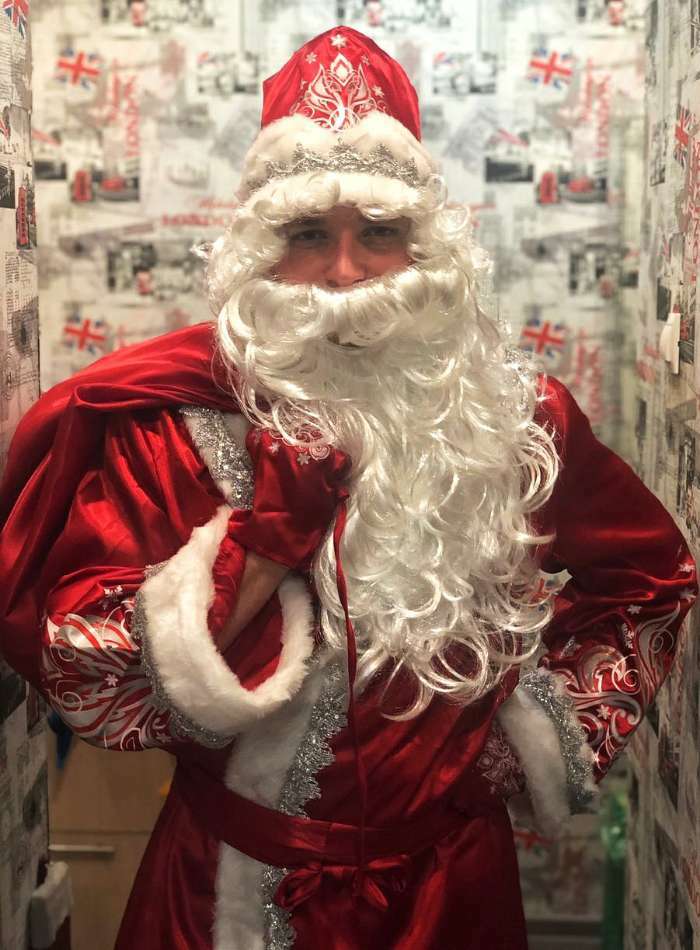 Фотография покупателя товара Карнавальный костюм "Дед Мороз", сатин, шуба, шапка, варежки, р. 54-56, рост 188 см, цвет синий - Фото 3