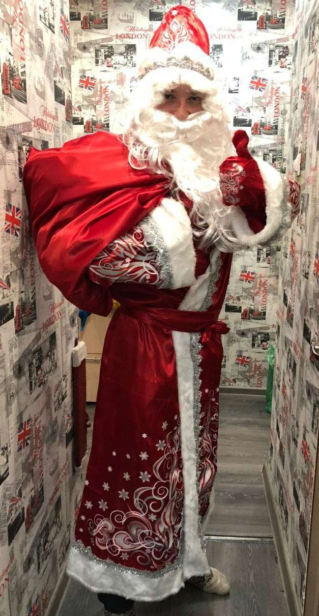 Фотография покупателя товара Карнавальный костюм "Дед Мороз", сатин, шуба, шапка, варежки, р. 54-56, рост 188 см, цвет синий - Фото 4
