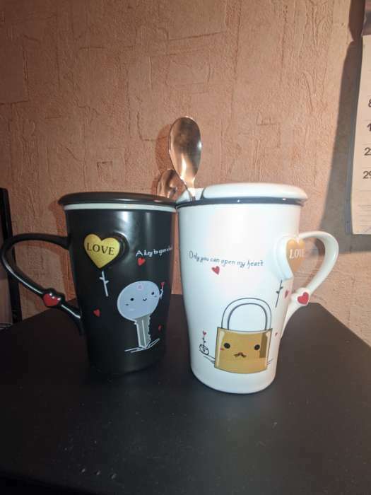 Фотография покупателя товара Парные кружки «Узы любви», набор 2 шт., 400 мл, крышки, ложки, белый, чёрный - Фото 1