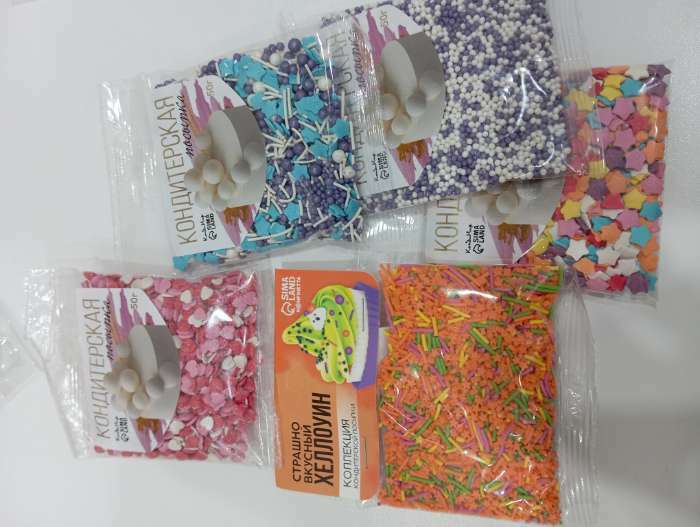 Фотография покупателя товара Посыпка кондитерская «Вермишель + Звезды»: зелёная, оранжевая, желтая, розовая, 50 г.