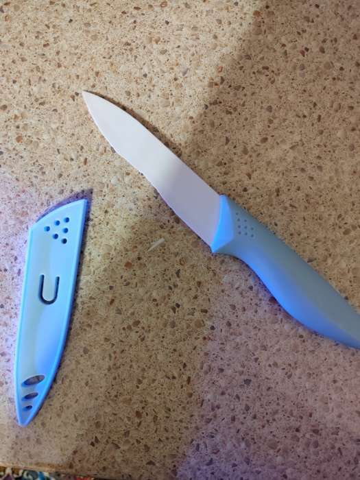 Фотография покупателя товара Нож керамический Доляна «Острота», лезвие 12,5 см, цвет голубой - Фото 2
