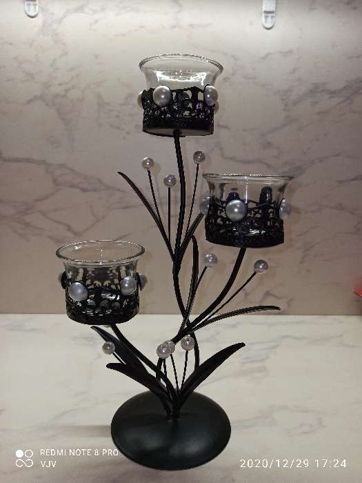 Фотография покупателя товара Подсвечник металл, стекло на 3 свечи "Ажурный с жемчугом" чёрный 29х15х11,5 см - Фото 4