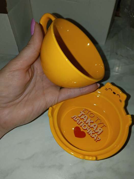 Фотография покупателя товара Чайная пара керамическая «Лапочка», кружка 150 мл, миска 10х3 см, цвет жёлтый - Фото 2