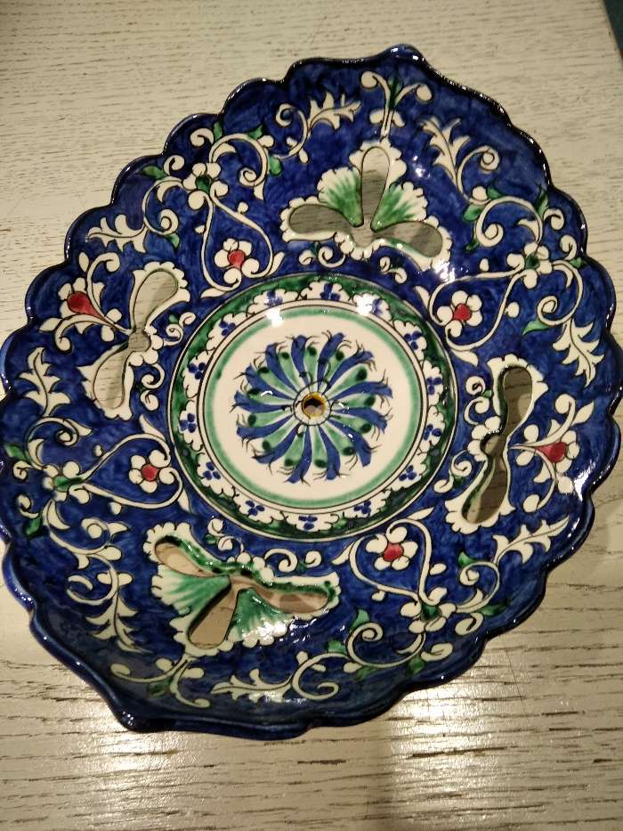 Фотография покупателя товара Фруктовница Риштанская Керамика "Цветы", 25 см, синее, рифлёное, овальное - Фото 2