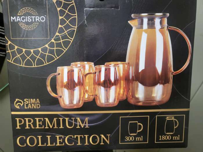 Фотография покупателя товара Набор для напитков из стекла Magistro «Голден», 5 предметов: кувшин 1,8 л, 4 кружки 300 мл, цвет золотой - Фото 1