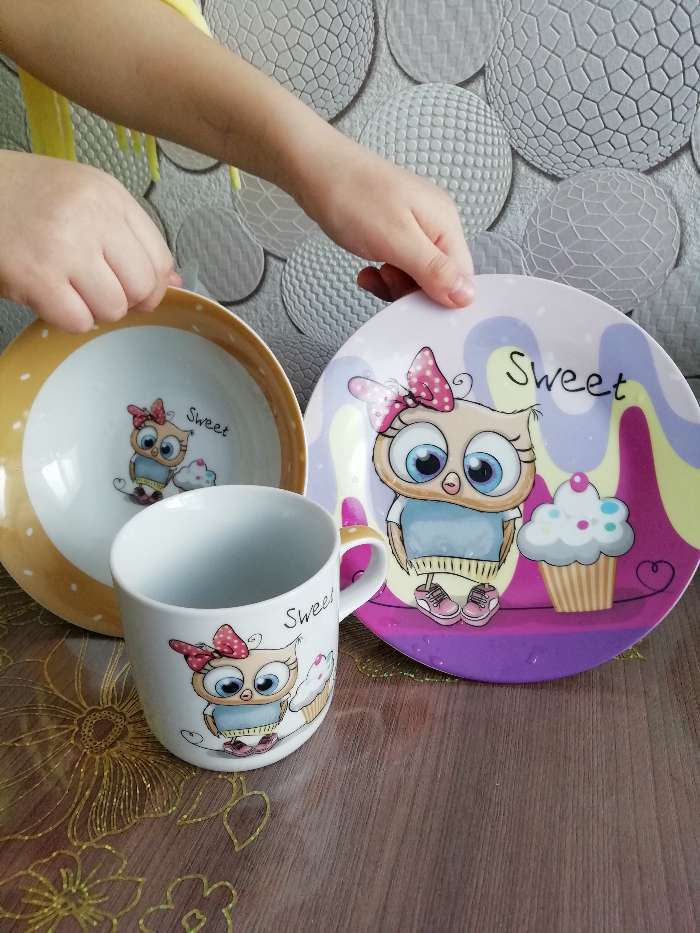 Фотография покупателя товара Набор детской посуды из керамики Доляна «Совёнок», 3 предмета: кружка 230 мл, миска 400 мл, тарелка d=18 см - Фото 1