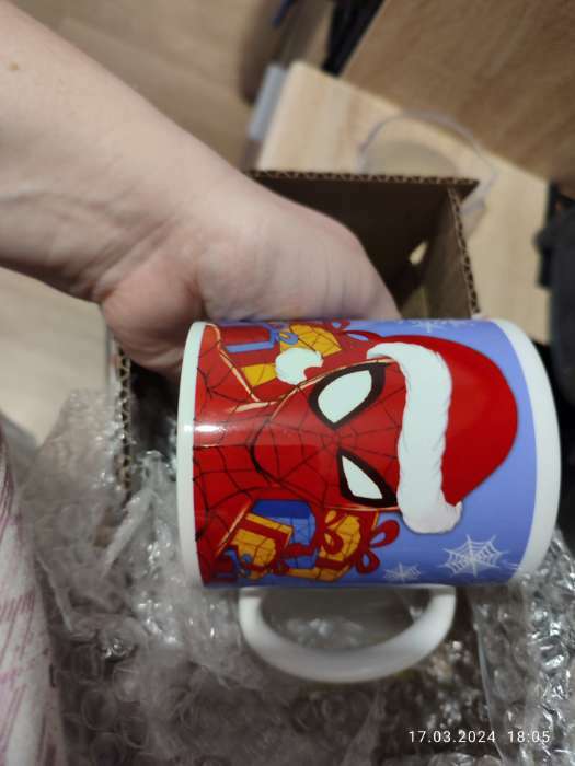 Фотография покупателя товара Кружка сублимация "С Новым Годом! Любимчик Деда Мороза", Человек-паук, 350 мл - Фото 1