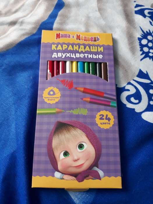 Фотография покупателя товара Цветные карандаши, 24 цвета, трехгранные, Маша и Медведь - Фото 1