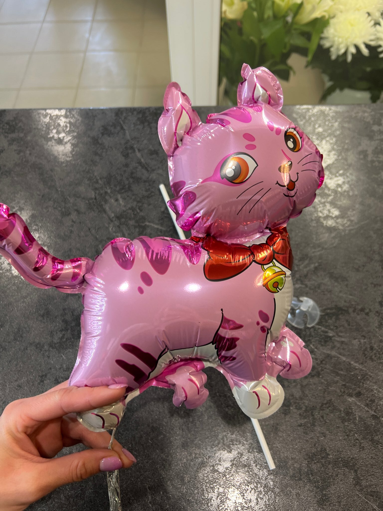 Фотография покупателя товара Шар фольгированный 13" «Кошечка с бантом», для палочки, цвет розовый - Фото 1