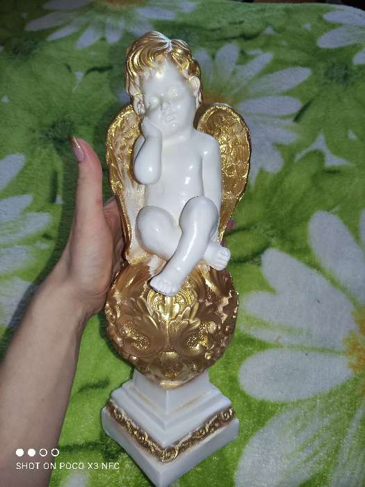 Фотография покупателя товара Статуэтка "Ангел на шаре" с узором, бело-золотая, гипс, 35 см - Фото 1