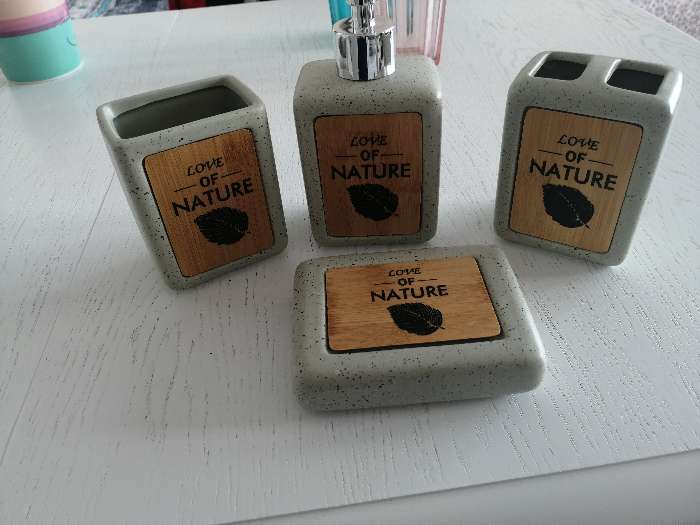 Фотография покупателя товара Набор аксессуаров для ванной комнаты Natural, 4 предмета (дозатор 350 мл, мыльница, 2 стакана), цвет серый - Фото 1