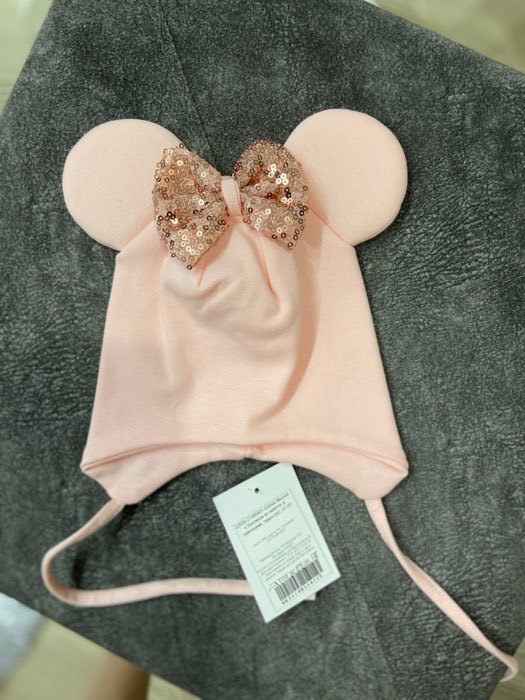 Фотография покупателя товара Шапка для девочки «Мышка», цвет пудра/бантик, размер 42-46 - Фото 4