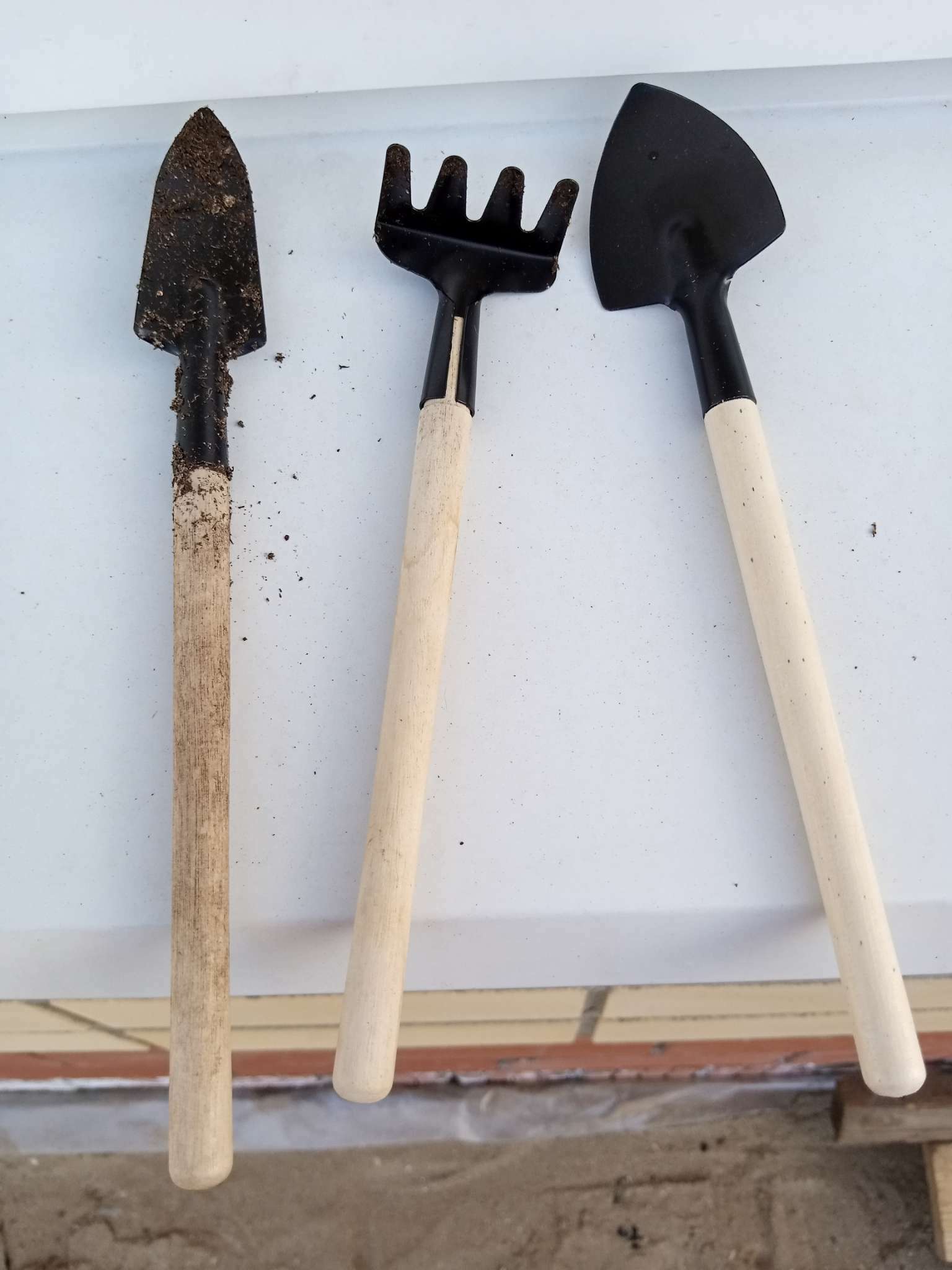 Фотография покупателя товара Набор садового инструмента, 3 предмета: грабли, 2 лопатки, длина 24 см, деревянные ручки - Фото 1