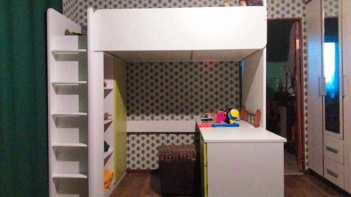 Фотография покупателя товара Кровать-чердак Polini kids Simple, с письменным столом и шкафом, цвет белый-зелёный - Фото 1