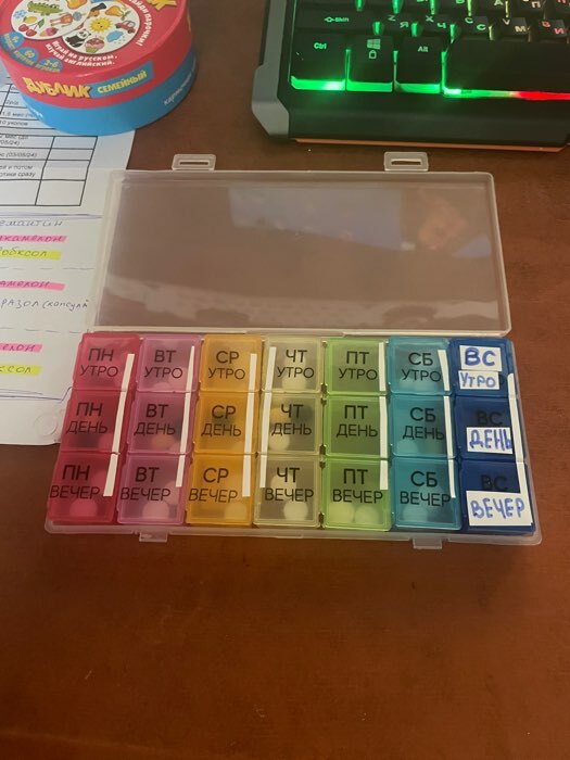 Фотография покупателя товара Таблетница - органайзер «Неделька», съёмные ячейки, утро/день/вечер, 19,2 × 8,5 × 2,1 см, 7 контейнеров по 3 секции, разноцветная - Фото 1