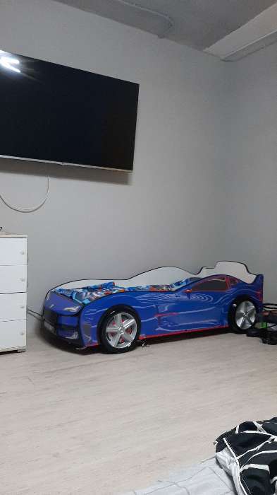 Фотография покупателя товара Кровать машина «Турбо синяя», подсветка дна и фар, пластиковые колёса, 2 шт