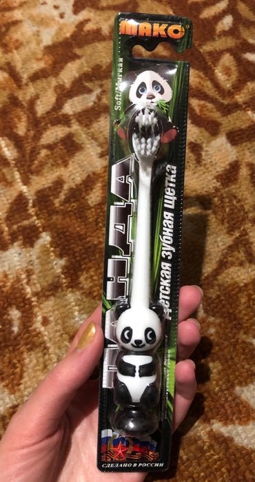 Фотография покупателя товара Зубная щётка мод Детская Панда двухкомпонентная ручка, щетина мягкая, с присоской - Фото 1