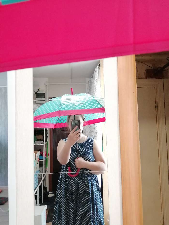 Фотография покупателя товара Зонт - трость полуавтоматический «Горошек», 8 спиц, R = 50 см, цвет бирюзовый/розовый