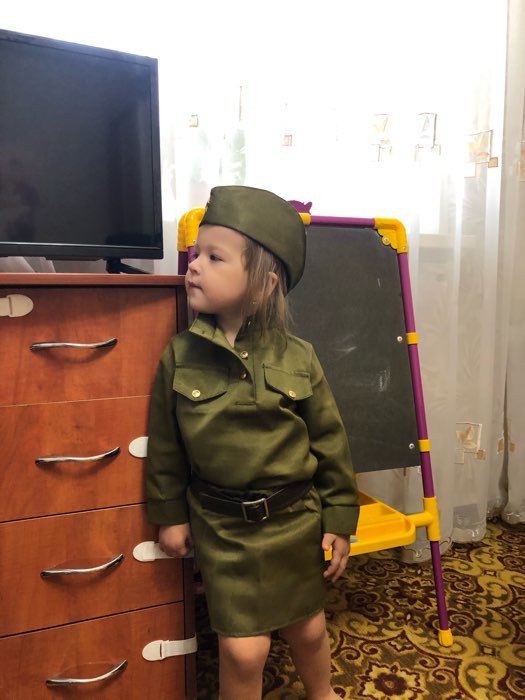 Фотография покупателя товара Карнавальный костюм «Солдаточка-малютка», пилотка, гимнастёрка, ремень, юбка, 2-3 года, рост 94-104 см - Фото 11