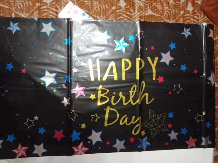 Фотография покупателя товара Скатерть «С Днём Рождения» 137×183 см, цвет чёрный
