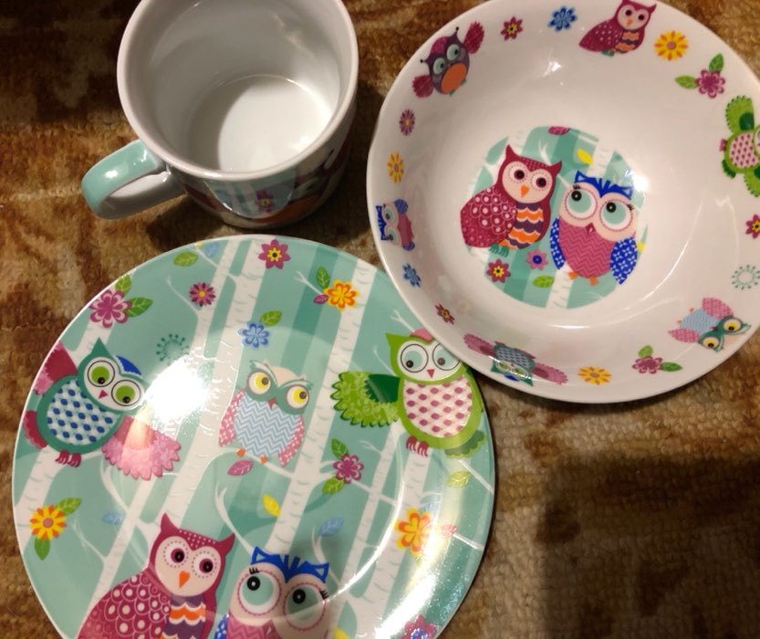 Фотография покупателя товара Набор детской посуды из керамики Доляна «Совушки», 3 предмета: кружка 230 мл, миска 400 мл, тарелка d=18 см, цвет белый - Фото 3