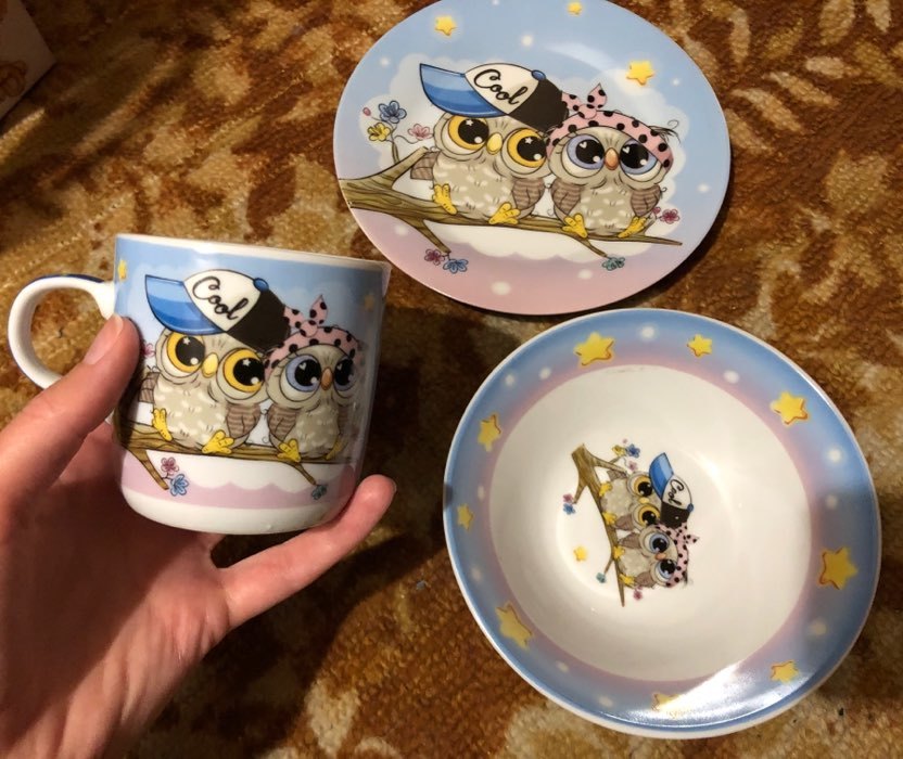 Фотография покупателя товара Набор детской посуды из керамики Доляна «Совы тинейджеры», 3 предмета: кружка 230 мл, миска 400 мл, тарелка d=18 см - Фото 6