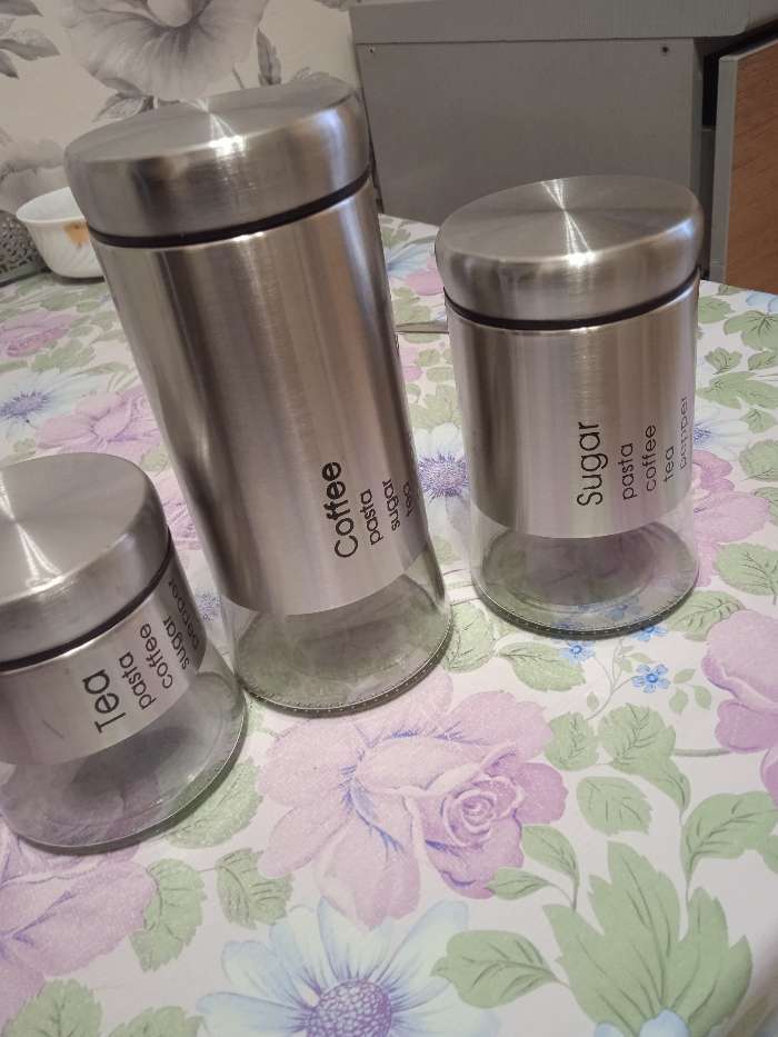 Фотография покупателя товара Набор банок стеклянных для сыпучих «Трио», 3 предмета: 350/550/750 мл, 9.5×10.5/15/19.8 см, чёрный - Фото 4