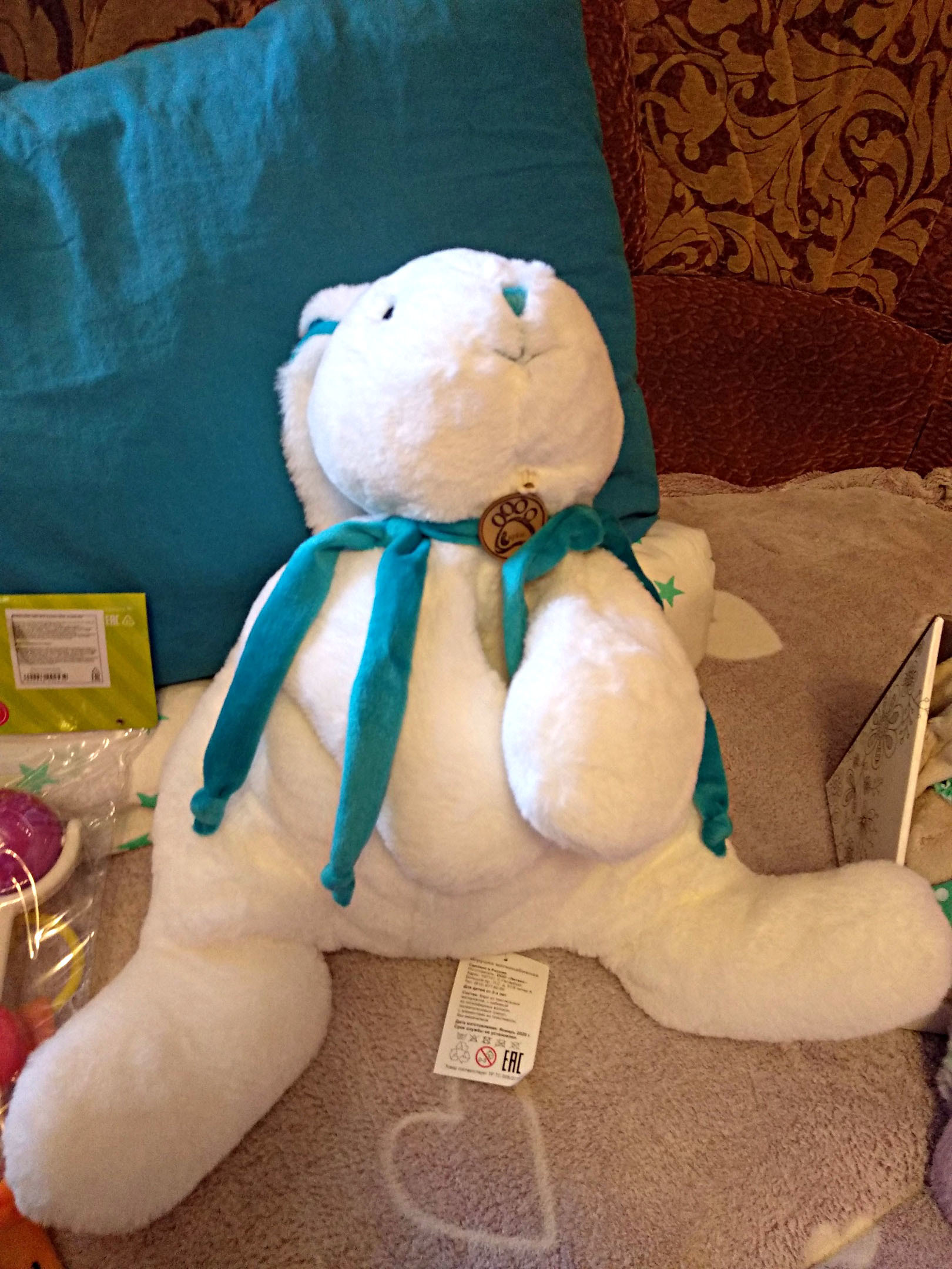 Фотография покупателя товара Мягкая игрушка «Кролик», цвет белый/бирюзовый, 45 см - Фото 1