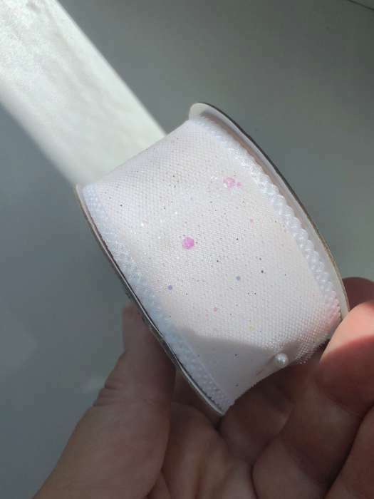 Фотография покупателя товара Лента декоративная, с глиттером, 38 мм, 9±0.5 м, белая, серебряная - Фото 3