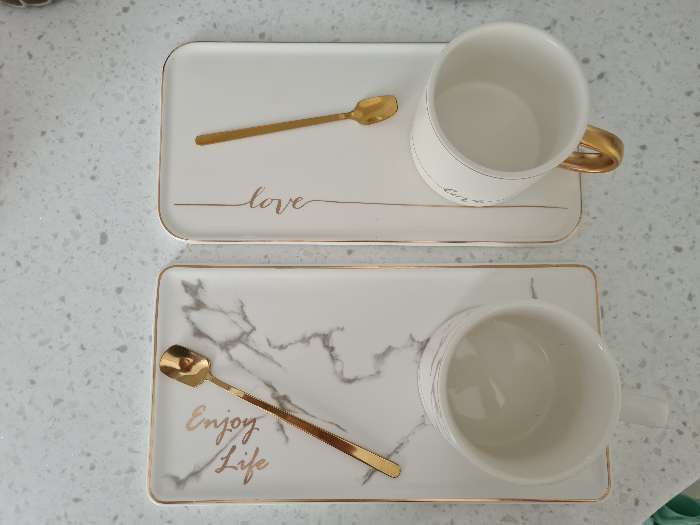 Фотография покупателя товара Чайная пара керамическая с ложкой «Эстетика», 2 предмета: кружка 250 мл, подставка 24,5×12,5 см, цвет белый - Фото 4
