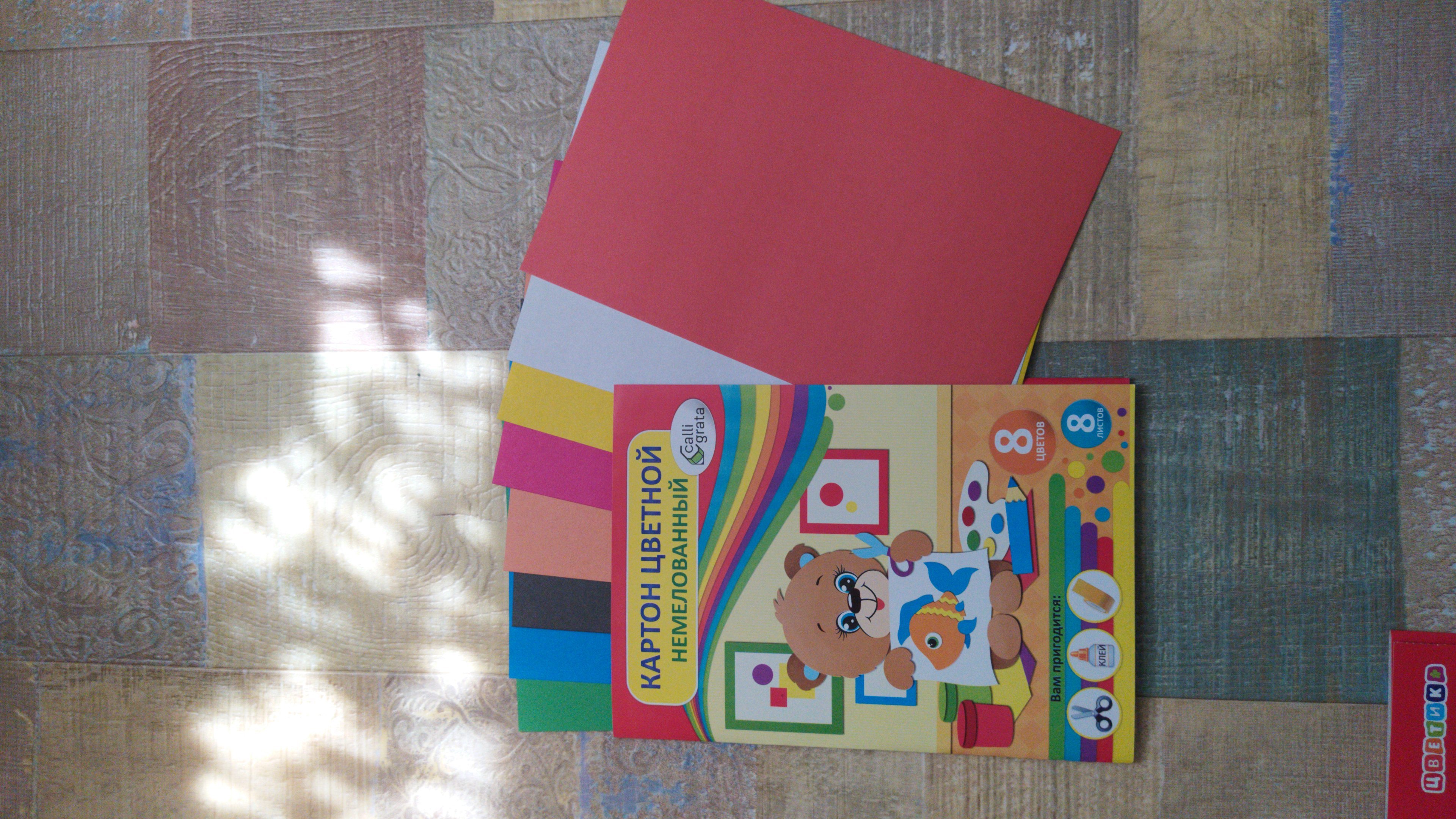 Фотография покупателя товара Картон цветной А4, 8 листов, 8 цветов "Мишка", немелованный 200 г/м2, в папке