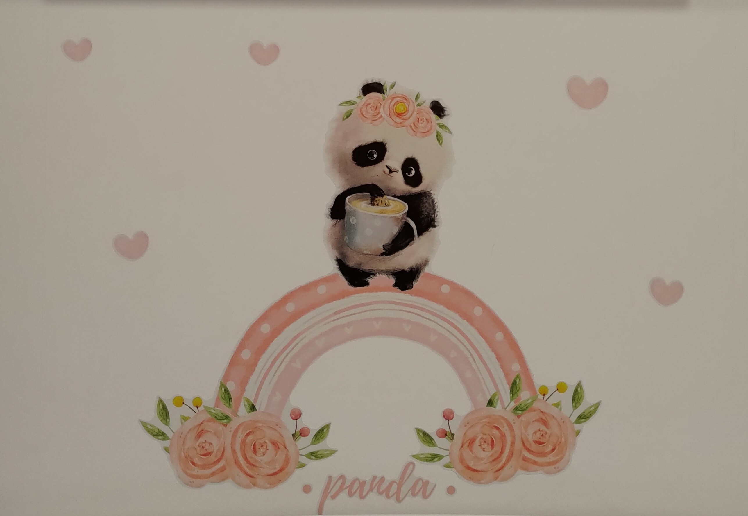 Фотография покупателя товара Наклейка пластик интерьерная цветная "Панда с чашкой на радуге" 30х90 см - Фото 1