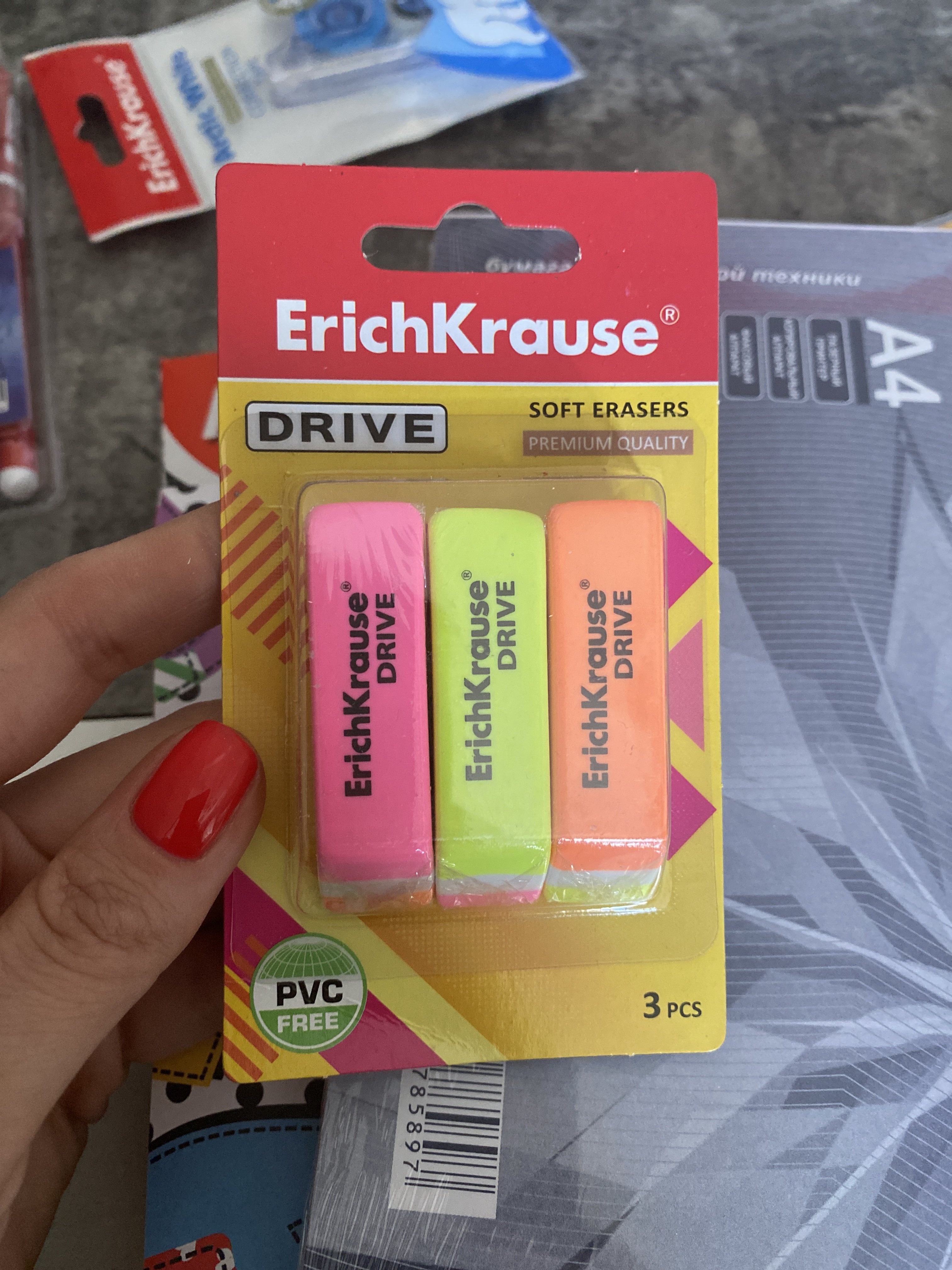 Фотография покупателя товара Набор ластиков 3 штуки ErichKrause Drive, 57 х 15 х 13 мм, мягкие, гипоаллергенные, прямоугольные, в блистере