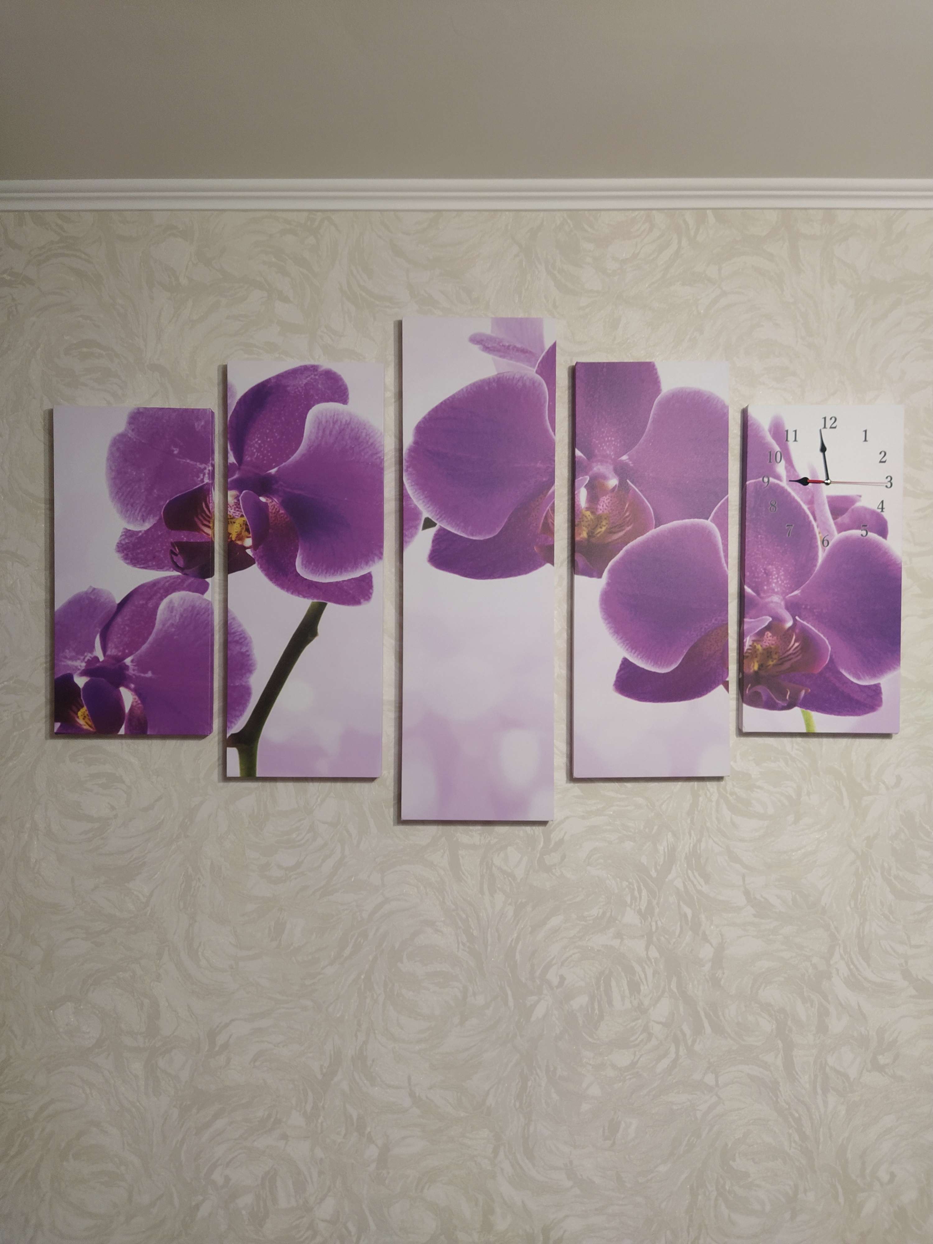 Фотография покупателя товара Часы настенные, модульные, серия: Цветы, "Фиолетовые орхидеи", 80х140  см - Фото 1