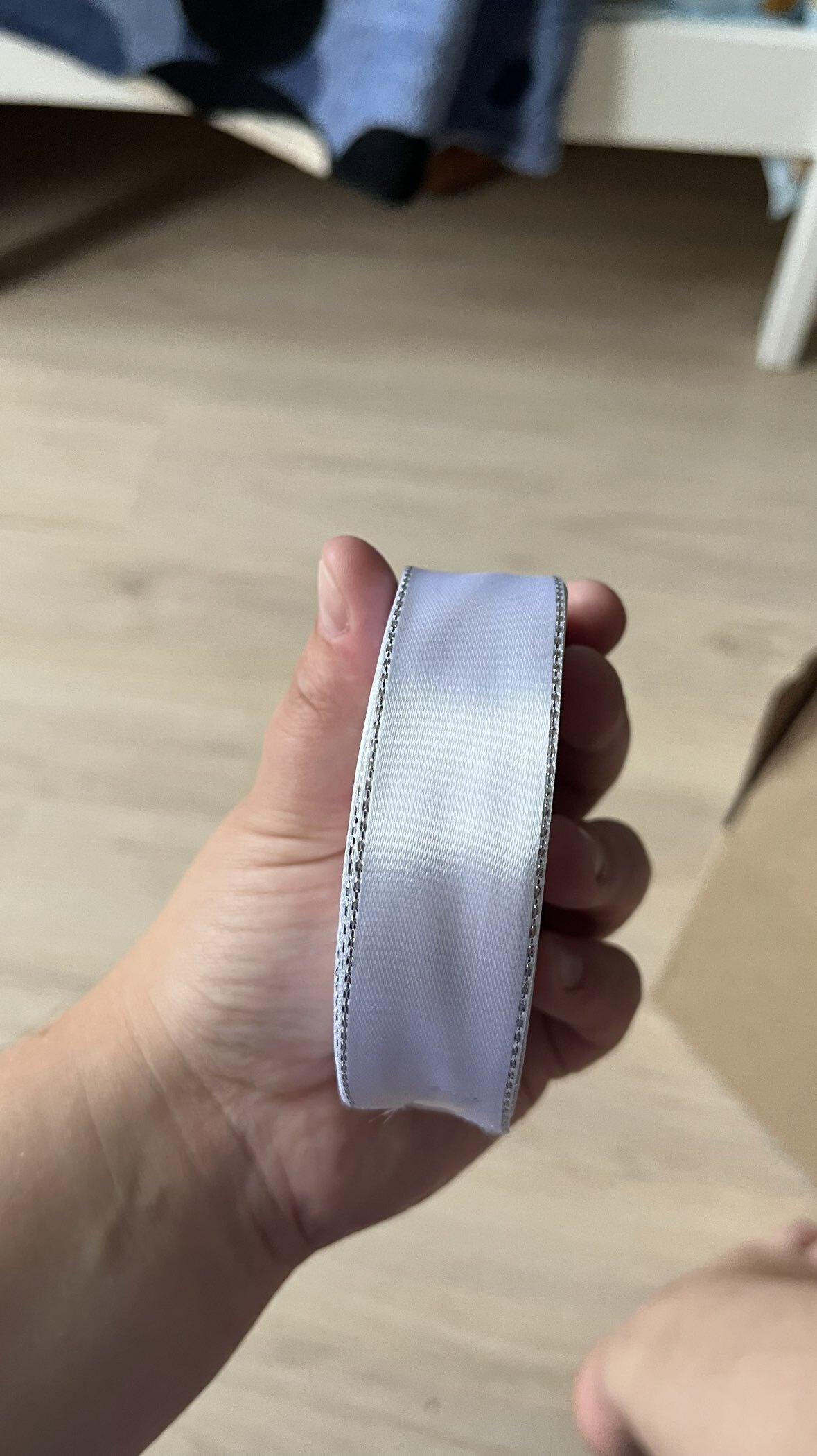 Фотография покупателя товара Лента атласная, с серебряным люрексом, 6 мм, 23±1 м, белая №001 - Фото 3