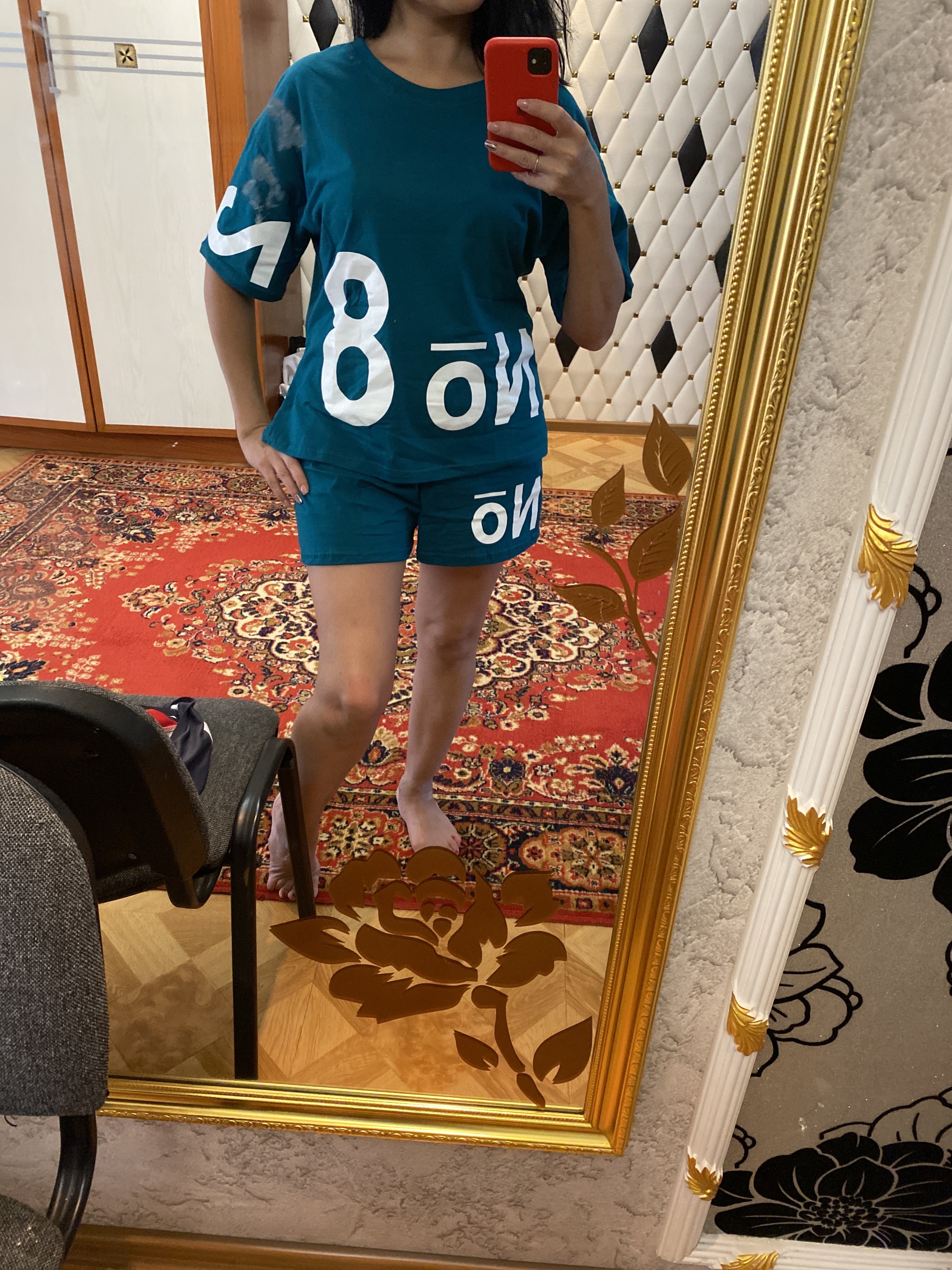 Фотография покупателя товара Комплект женский (футболка,шорты), цвет малахит, размер 48 - Фото 3