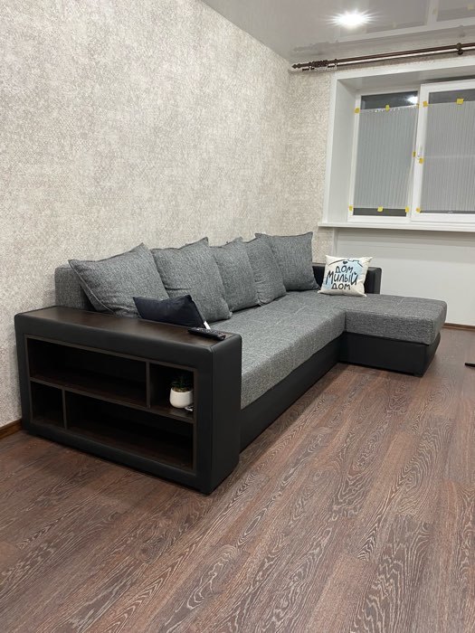 Фотография покупателя товара Угловой диван «Дубай», еврокнижка, правый угол, цвет серая рогожка / чёрная экокожа - Фото 29