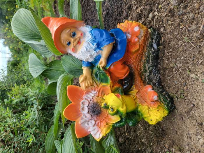 Фотография покупателя товара Садовая фигура из гипса «Гном с лягушкой на бревне», 25×12×26 см - Фото 2