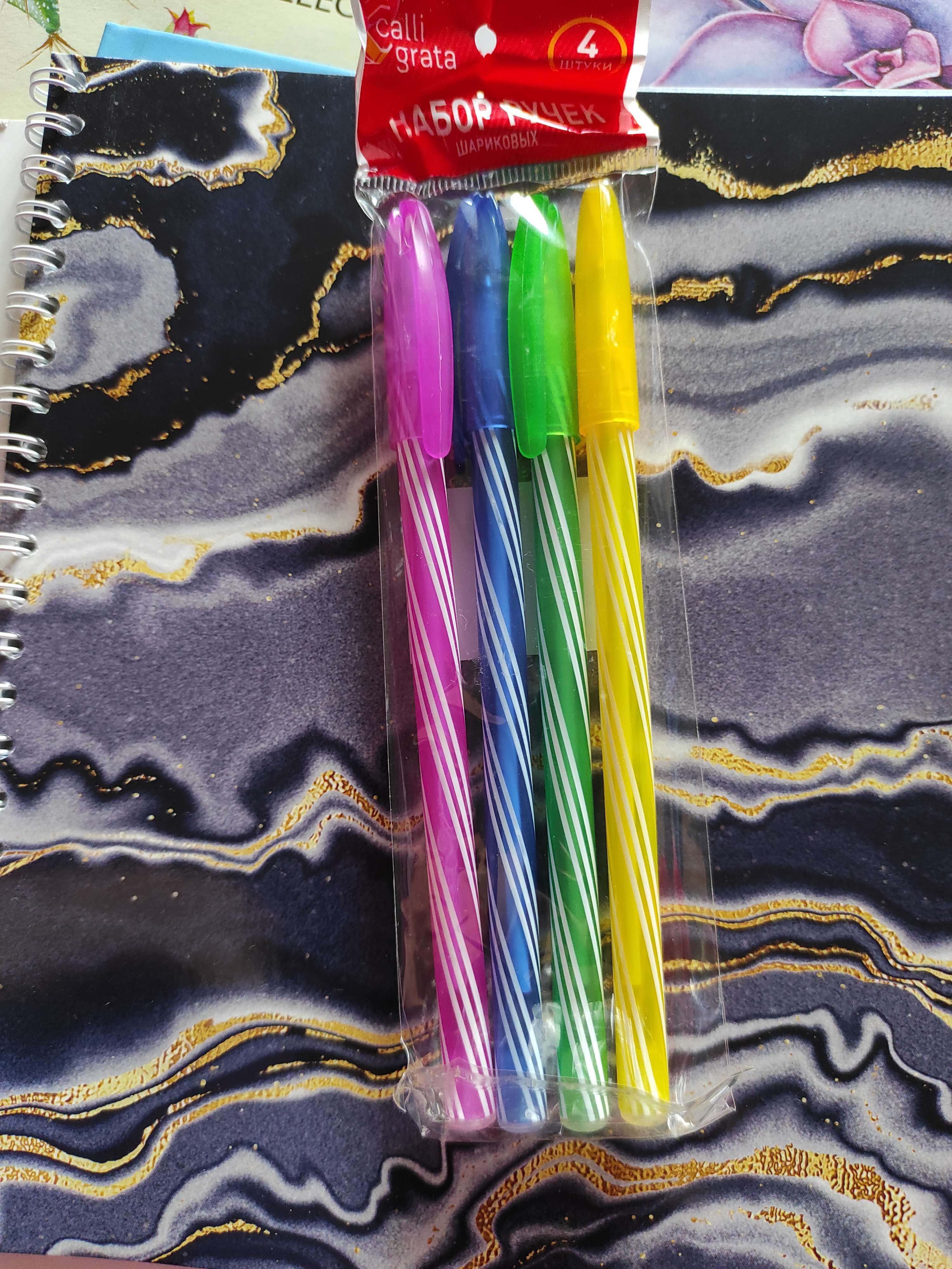 Фотография покупателя товара Набор ручек шариковых, 0.5 мм, 4 штуки "Спираль", стержень синий, флуоресцентный корпус, МИКС