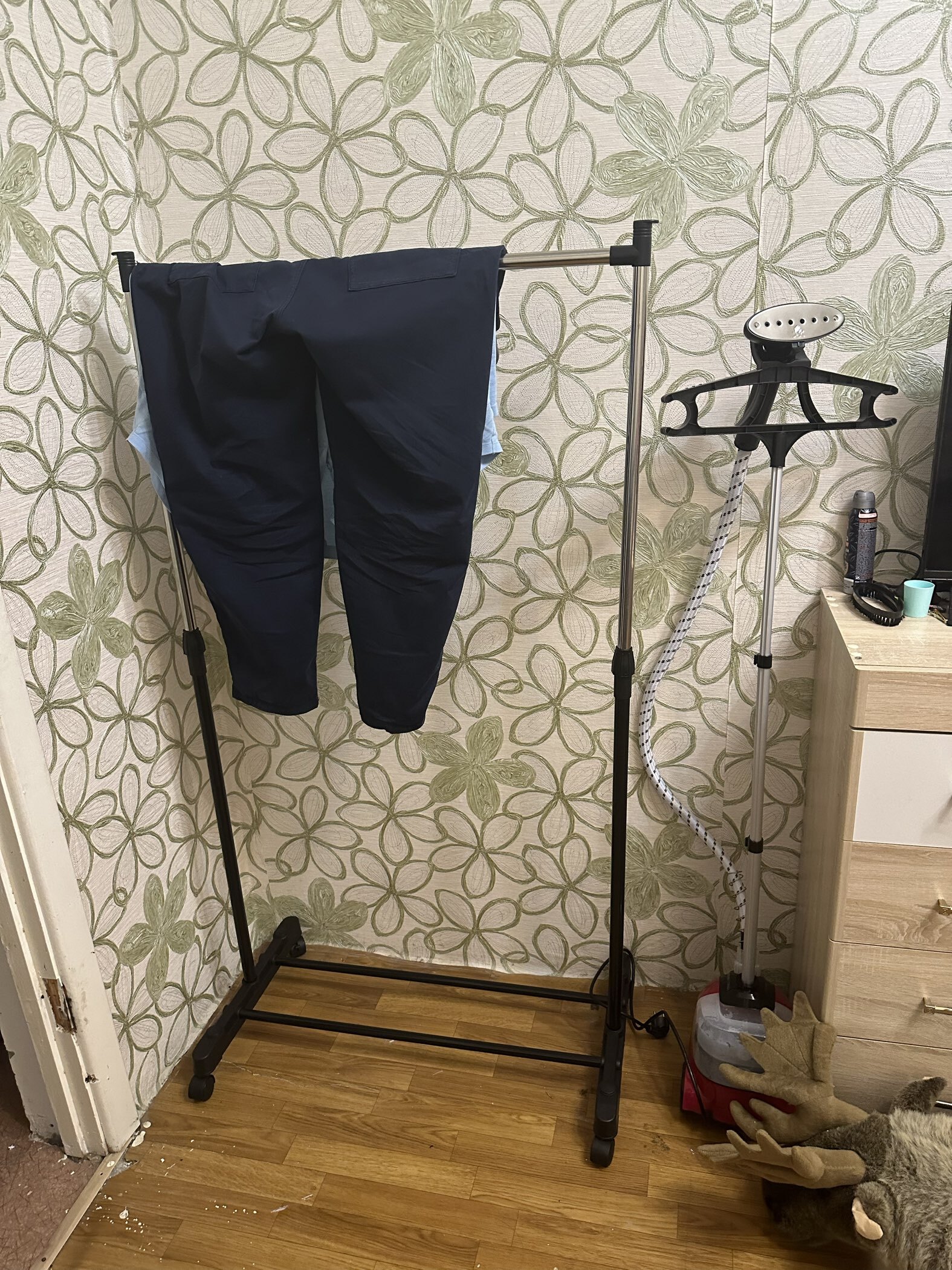 Фотография покупателя товара Вешалка - стойка напольная для одежды Доляна, телескопическая 90 (160) см, 1 перекладина, 80×43 см, чёрная, хромированная - Фото 1