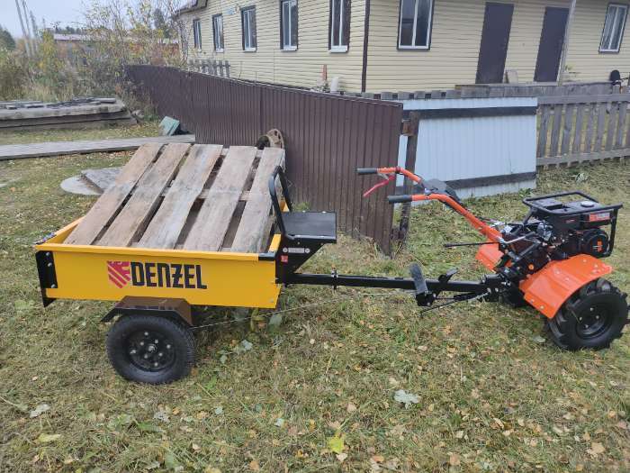 Фотография покупателя товара Прицеп для мотоблока DENZEL TT-500 59950, оцинкованный, грузоподъемность 500 кг, рег. сцепка, колеса 4-10 - Фото 2