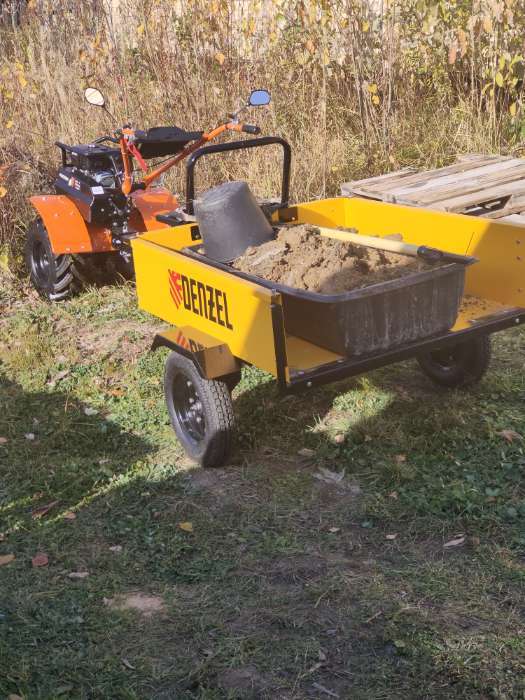 Фотография покупателя товара Прицеп для мотоблока DENZEL TT-500 59950, оцинкованный, грузоподъемность 500 кг, рег. сцепка, колеса 4-10 - Фото 3