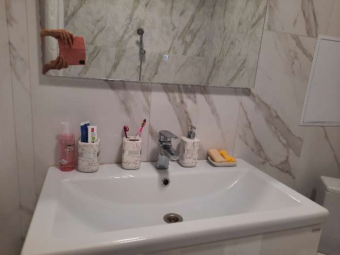 Фотография покупателя товара Набор аксессуаров для ванной комнаты «Молния», 4 предмета (мыльница, дозатор для мыла, 2 стакана), белый