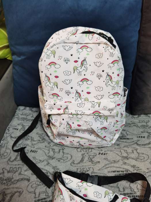 Фотография покупателя товара Набор: Рюкзак молодёжный на молнии, с карманами, поясная сумка, с принтом, размер 30 х 12 х 40 см, светло-розовый - Фото 2